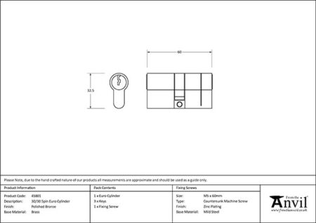 From the Anvil Polished Bronze 30/30 5pin Euro Cylinder - Image 2