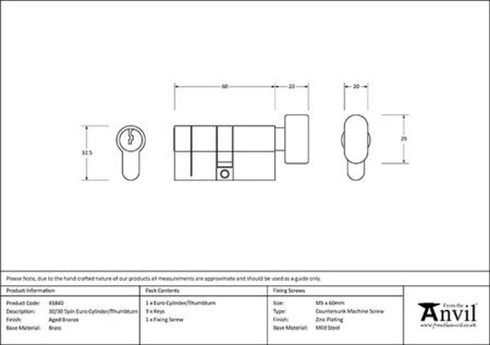 From the Anvil Aged Bronze 30/30 5pin Euro Cylinder/Thumbturn - Image 2
