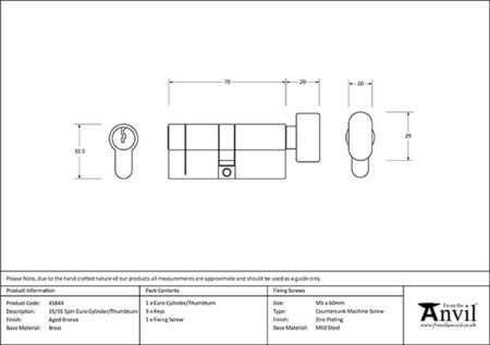 From the Anvil Aged Bronze 35/35 5pin Euro Cylinder/Thumbturn - Image 2