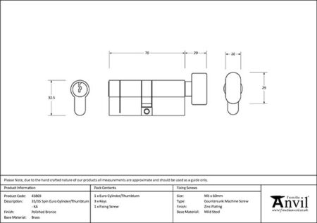 From the Anvil Polished Bronze 35/35 5pin Euro Cylinder/Thumbturn KA - Image 2