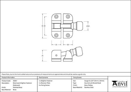 From the Anvil Polished Brass Mushroom Brighton Fastener (Radiused) - Image 2