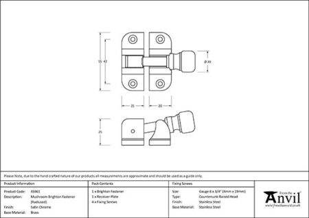 From the Anvil Satin Chrome Mushroom Brighton Fastener (Radiused) - Image 2