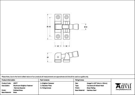 From the Anvil Polished Brass Mushroom Brighton Fastener - Narrow (Square) - Image 2