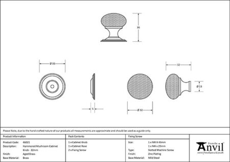 Aged Brass Hammered Mushroom Cabinet Knob 32mm | 46021 - Image 2