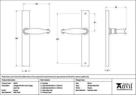 Pewter Cottage Slimline Lever Espag. Latch Set | 46401 - Image 2