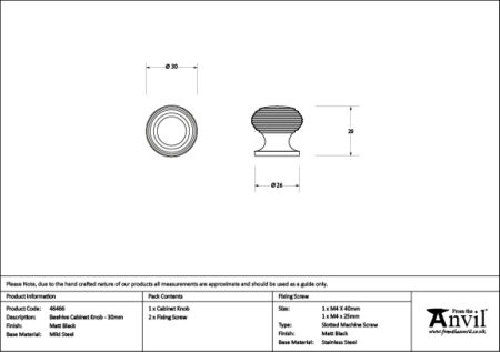 From the Anvil Matt Black Beehive Cabinet Knob 30mm - Image 2
