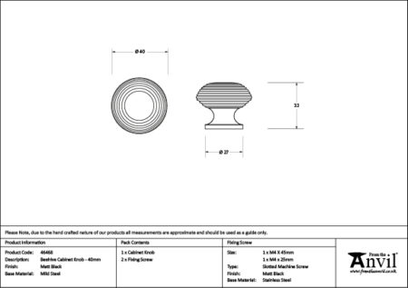 From the Anvil Matt Black Beehive Cabinet Knob 40mm - Image 2