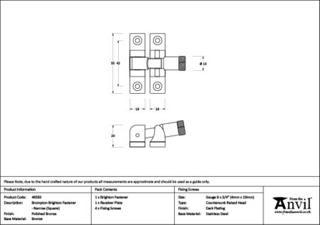 Polished Bronze Brompton Brighton Fastener - Narrow (Square) | 46583 - Image 2