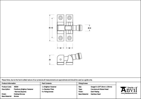 Polished Bronze Prestbury Brighton Fastener - Narrow (Square) | 46584 - Image 2