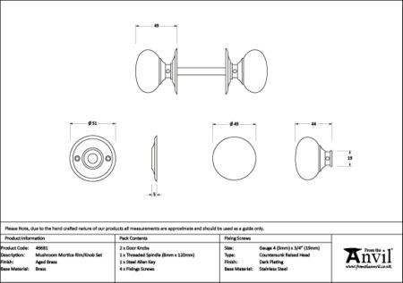 From the Anvil Aged Brass 49mm Mushroom Mortice/Rim Knob Set - Image 2