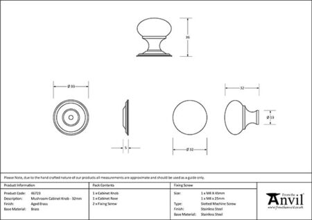 From the Anvil Aged Brass Mushroom Cabinet Knob 32mm - Image 2