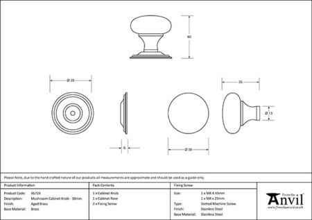From the Anvil Aged Brass Mushroom Cabinet Knob 38mm - Image 2