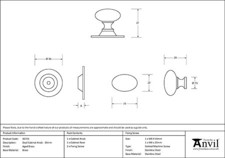 From the Anvil Aged Brass Oval Cabinet Knob 33mm - Image 2
