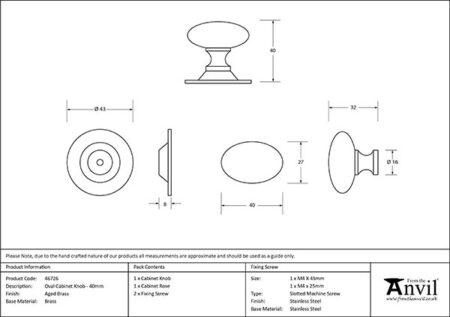From the Anvil Aged Brass Oval Cabinet Knob 40mm - Image 2