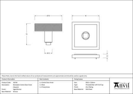 From the Anvil Aged Bronze Brompton Centre Door Knob (Square) - Image 2