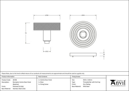 From the Anvil Polished Marine SS (316) Brompton Centre Door Knob (Beehive) - Image 2