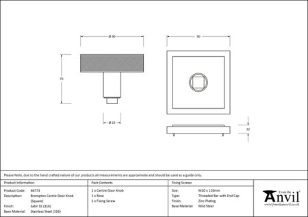 From the Anvil Satin Marine SS (316) Brompton Centre Door Knob (Square) - Image 2