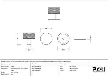 Satin Chrome Brompton Cabinet Knob - 32mm (Plain) | 46888 - Image 2