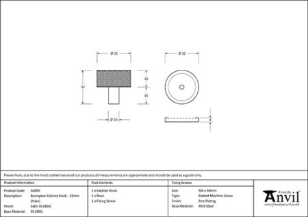 Satin SS (304) Brompton Cabinet Knob - 32mm (Plain) | 46890 - Image 2