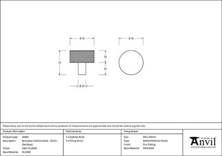 Satin SS (304) Brompton Cabinet Knob - 32mm (No rose) | 46891 - Image 2