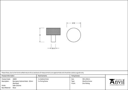 Satin Chrome Brompton Cabinet Knob - 32mm (No rose) | 46892 - Image 2