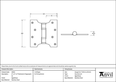 Aged Brass 4" x 2" x 4" Parliament Hinge (pair) ss | 49551 - Image 2