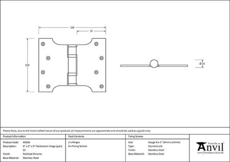 Polished Chrome 4" x 3" x 5" Parliament Hinge (pair) ss | 49558 - Image 2