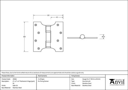 Satin SS (304) 4" x 2" x 4" Parliament Hinge (pair) | 49566 - Image 2