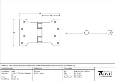 Satin SS (304) 4" x 4" x 6" Parliament Hinge (pair) | 49568 - Image 2