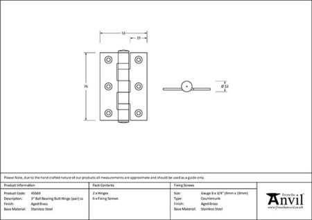 Aged Brass 3" Ball Bearing Butt Hinge (pair) ss | 49569 - Image 2