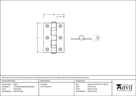 Polished SS (304) 3" Ball Bearing Butt Hinge (pair) | 49571 - Image 2
