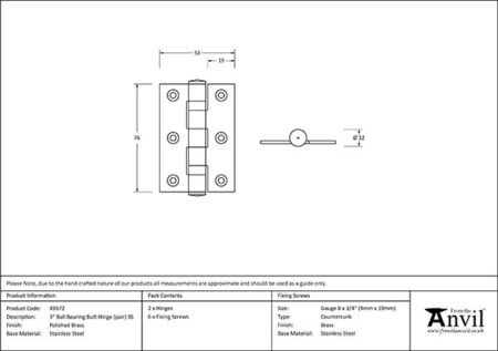 Polished Brass 3" Ball Bearing Butt Hinge (pair) ss | 49572 - Image 2