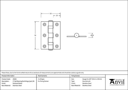 Polished Nickel 3" Ball Bearing Butt Hinge (pair) ss | 49581 - Image 2