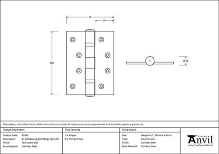 Polished Nickel 4" Ball Bearing Butt Hinge (pair) ss | 49582 - Image 2