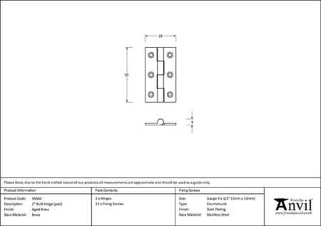 Aged Brass 2" Butt Hinge (pair) | 49583 - Image 2