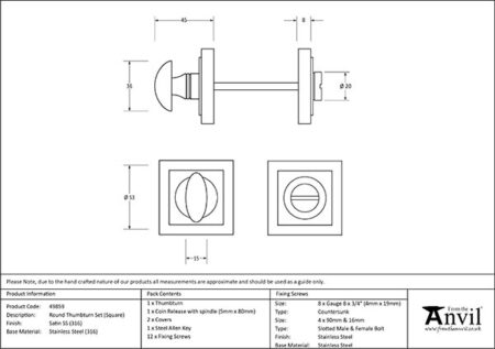From the Anvil Satin Marine SS (316) Round Thumbturn Set (Square) - Image 2