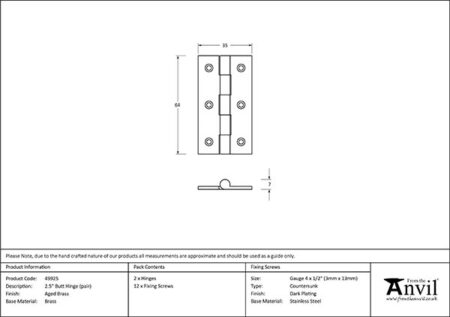From the Anvil Aged Brass 2.5" Butt Hinge (pair) - Image 2