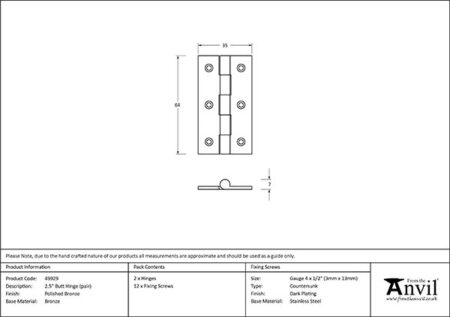From the Anvil Polished Bronze 2.5" Butt Hinge (pair) - Image 2