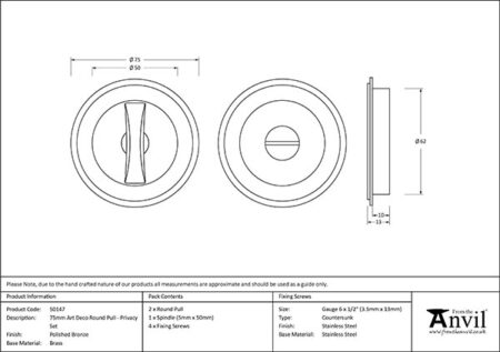 From the Anvil Polished Bronze 75mm Art Deco Round Pull - Privacy Set - Image 2