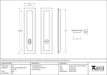From the Anvil Pewter 250mm Plain Rectangular Pull - Privacy Set - Pewter Patina - Image 2