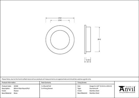 From the Anvil Pewter 60mm Plain Round Pull - Pewter Patina - Image 2