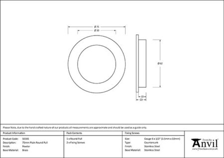 From the Anvil Pewter 75mm Plain Round Pull - Pewter Patina - Image 2