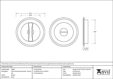 From the Anvil Pewter 75mm Art Deco Round Pull - Privacy Set - Pewter Patina - Image 2