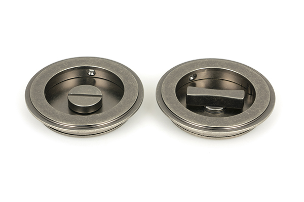 From the Anvil Pewter 75mm Art Deco Round Pull - Privacy Set - Pewter Patina