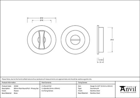 From the Anvil Pewter 60mm Plain Round Pull - Privacy Set - Pewter Patina - Image 2
