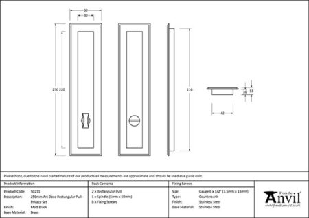 From the Anvil Matt Black 250mm Art Deco Rectangular Pull - Privacy Set - Image 2