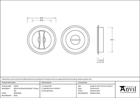 From the Anvil Matt Black 60mm Art Deco Round Pull - Privacy Set - Image 2
