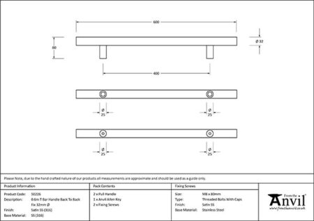 From the Anvil Satin Marine SS (316) 0.6m T Bar Handle B2B Fix 32mm Ø - Image 2