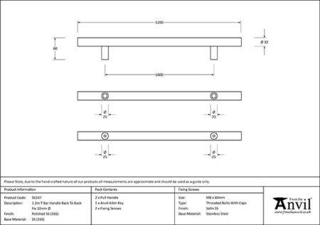 From the Anvil Polished Marine SS (316) 1.2m T Bar Handle B2B Fix 32mm Ø - Image 2