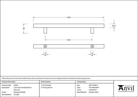 From the Anvil Polished Marine SS (316) 1.5m T Bar Handle Bolt Fix 32mm Ø - Image 2